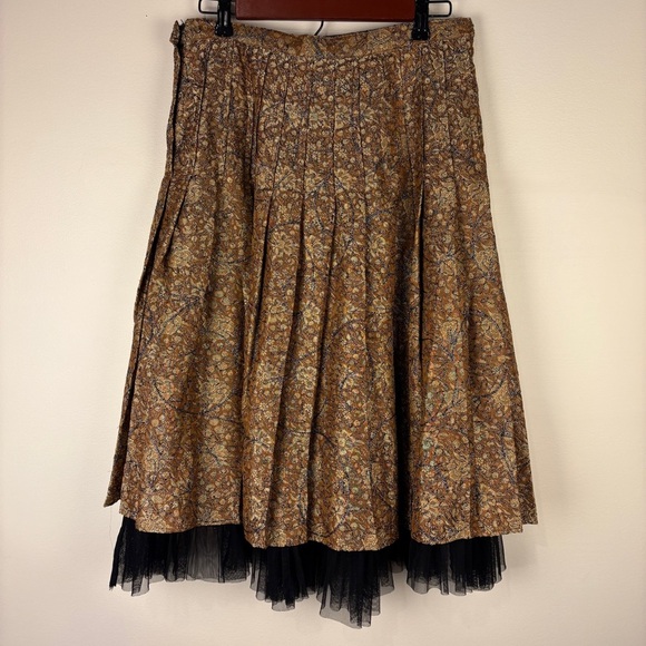 Vintage Gold Brocade Floral Midi Skirt Pleated Sheer Black Trim - Picture 2 of 7